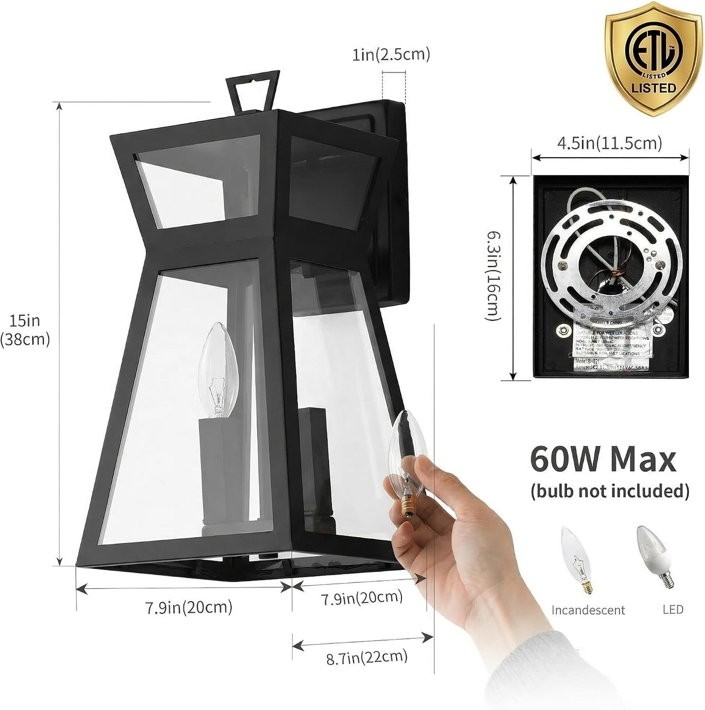 Lámpara pared exterior 15pulg impermeable para puerta negro mate
