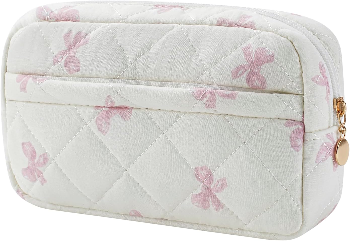 Bolsa maquillaje acolchada rectangular con cremallera pajarita rosa