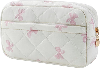 Bolsa maquillaje acolchada rectangular con cremallera pajarita rosa