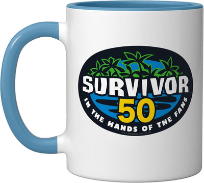 Taza de cerámica Survivor Season 50 color azul blanco