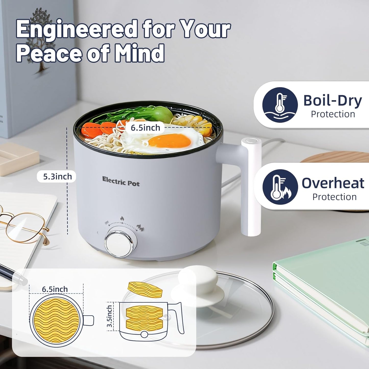 Olla eléctrica mini para ramen 1.5 L gris con protección contra sobrecalentamiento