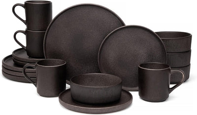 Set 16 Pzas Vajilla Cerámica Acanalada Negro Mate Resiste Astillas