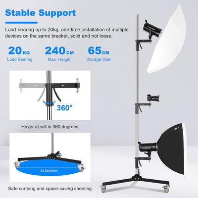 Soporte luz fotografía 2.5m acero inox 20kg con ruedas