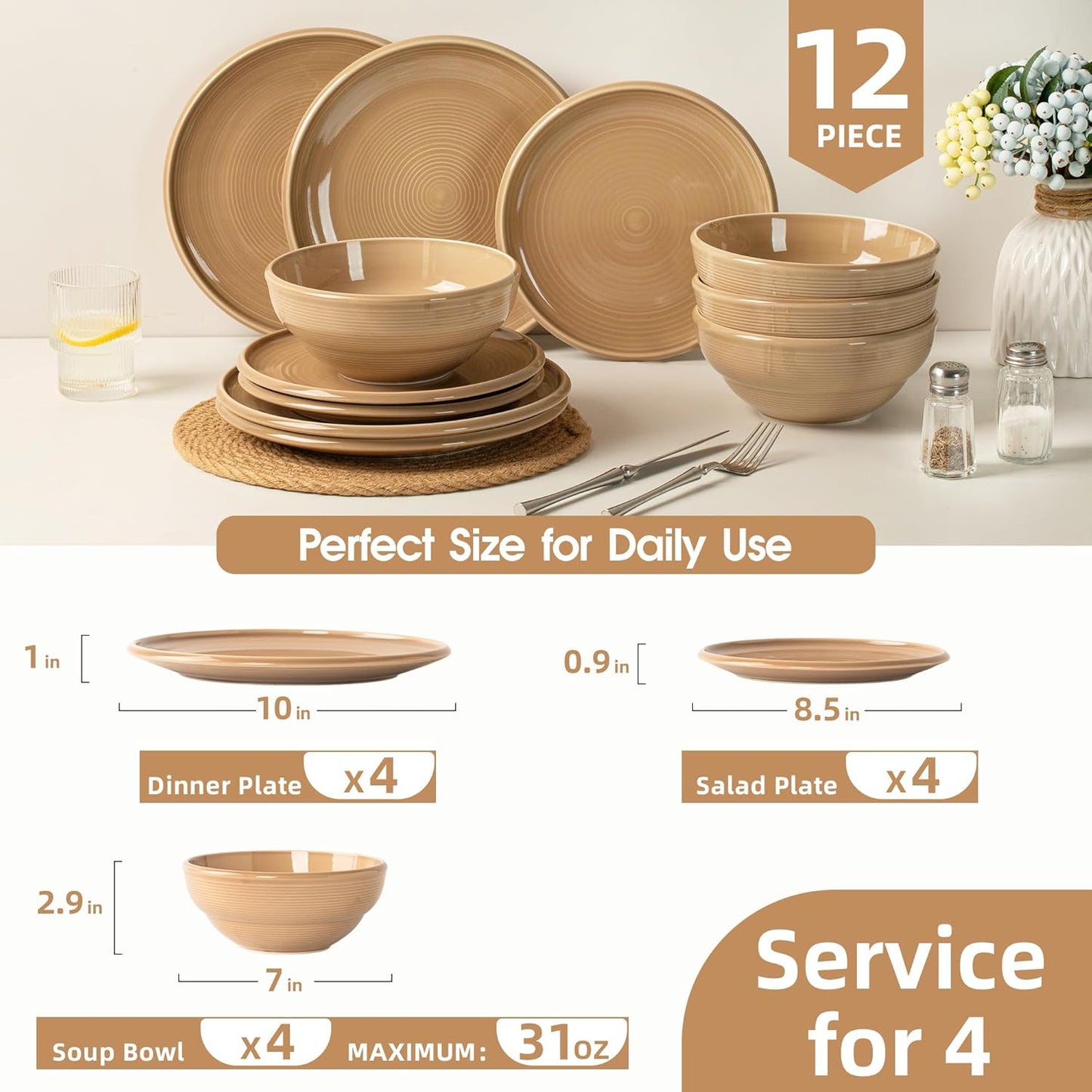 Set 12 Pzas Vajilla Cerámica Textura Concéntrica Resistente