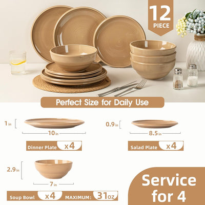 Set 12 Pzas Vajilla Cerámica Textura Concéntrica Resistente