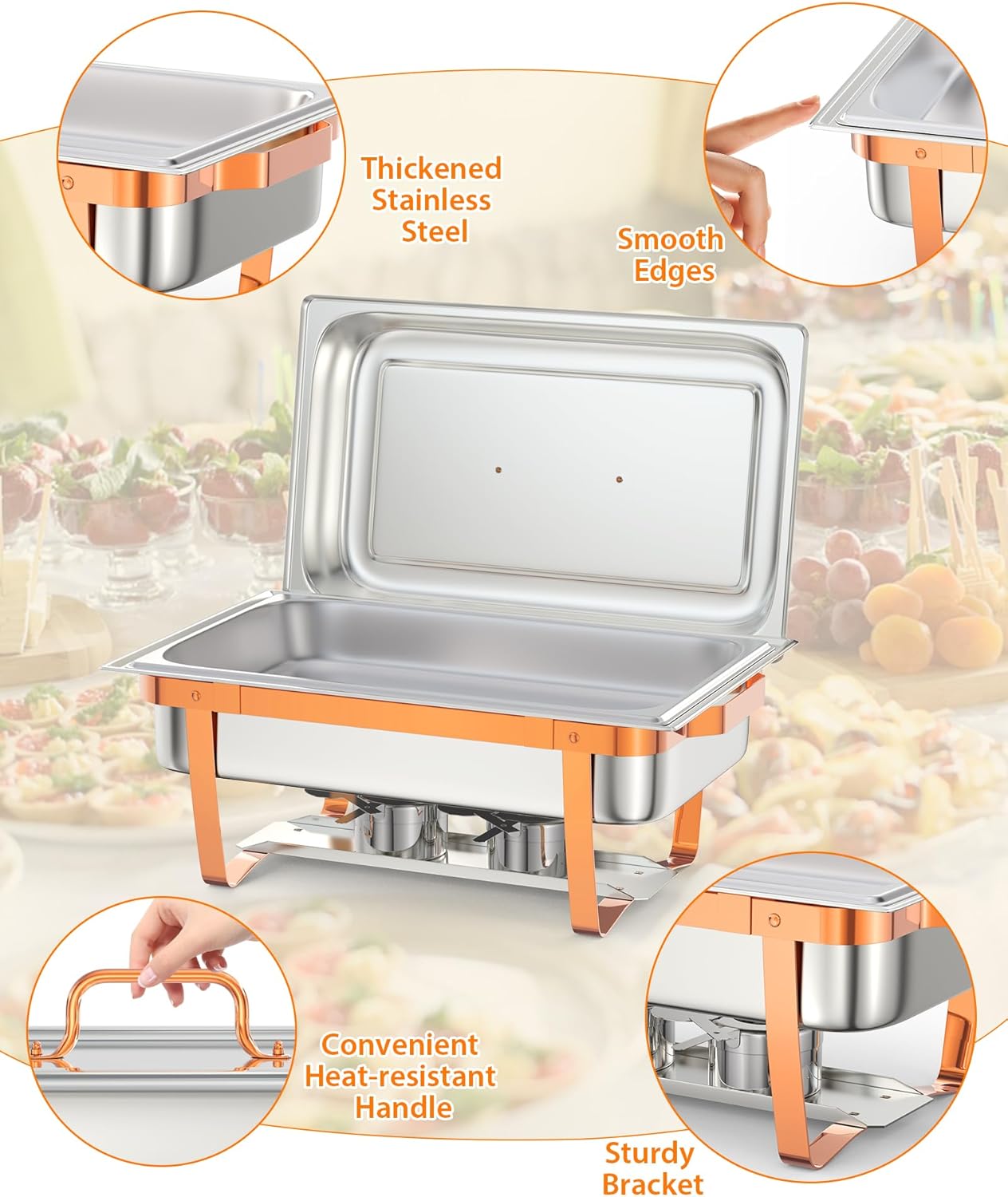Set 4 Chafer Acero Inox 8qt Rectangular con Soporte