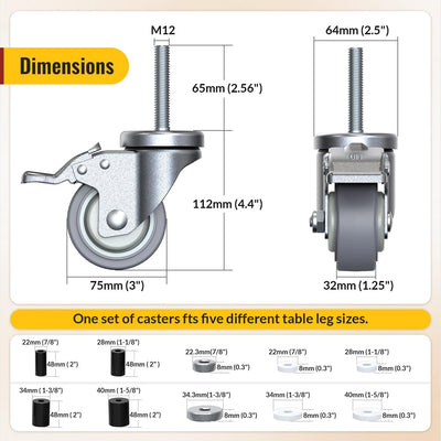 Ruedas giratorias acero inox 3pulg juego 8