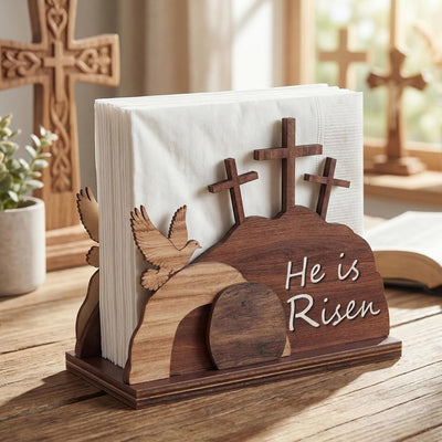 Servilletero de Pascua con texto 'He Is Risen' para decoración cristiana