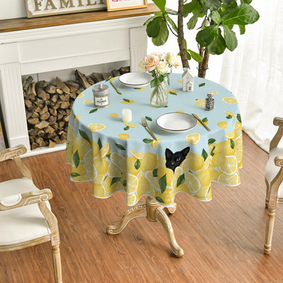 Mantel redondo de verano 60 x 60 pulgadas color limón gato azul amarillo verde lavable