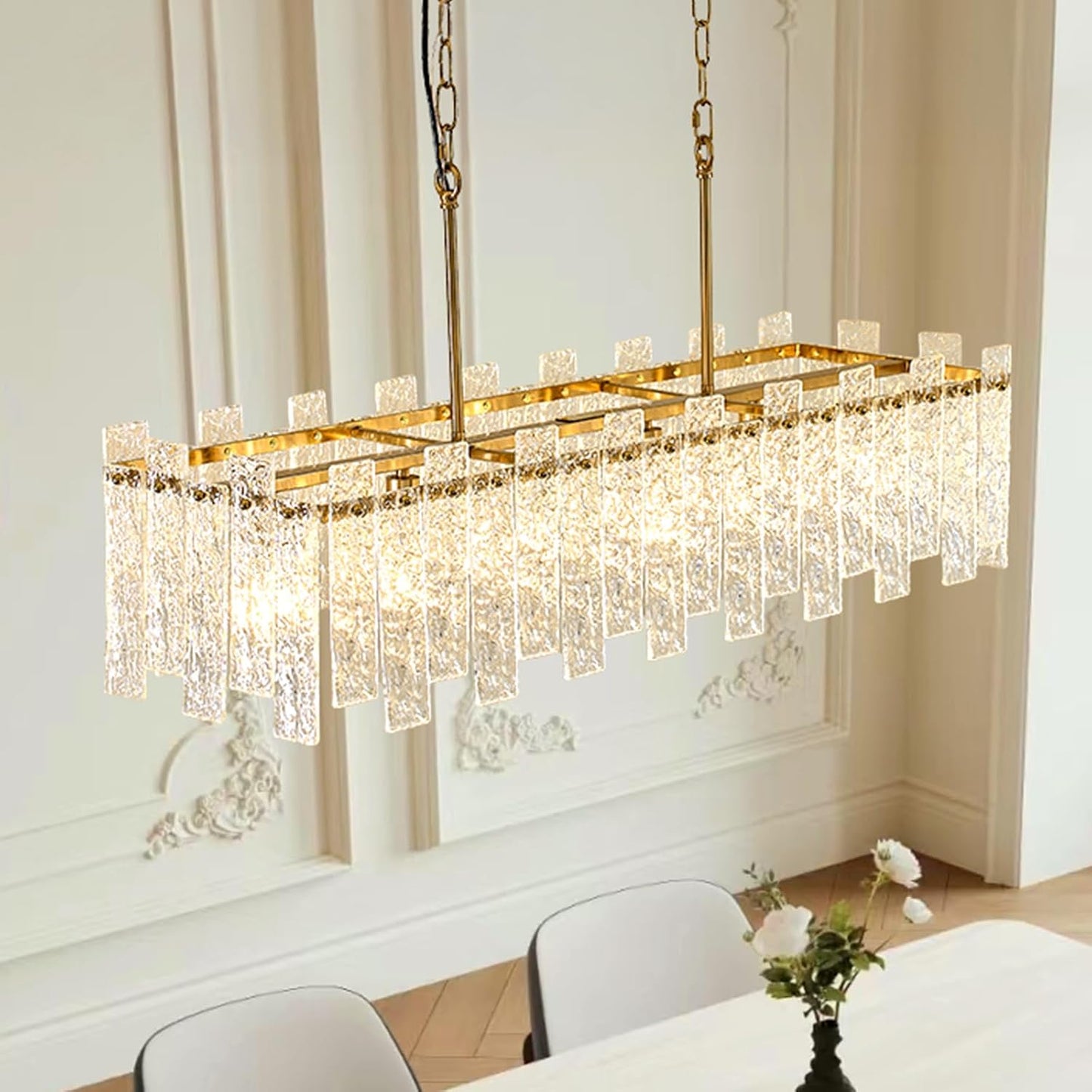 Candelabro rectangular vidrio ondulado 39pulg 6 luces comedor