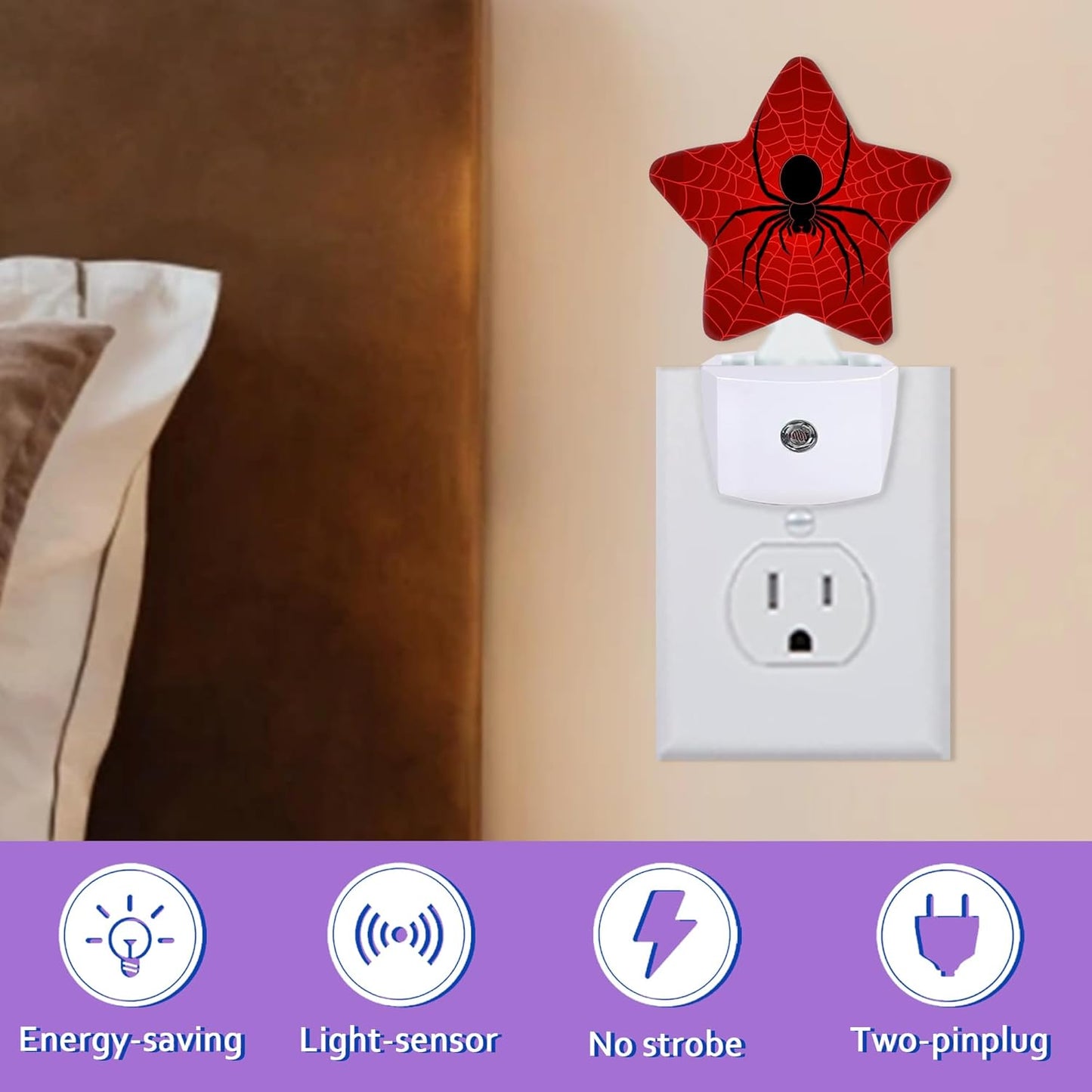 Luz Nocturna Sensor Amanecer Araña Negra Tela Roja Dormitorio Niños