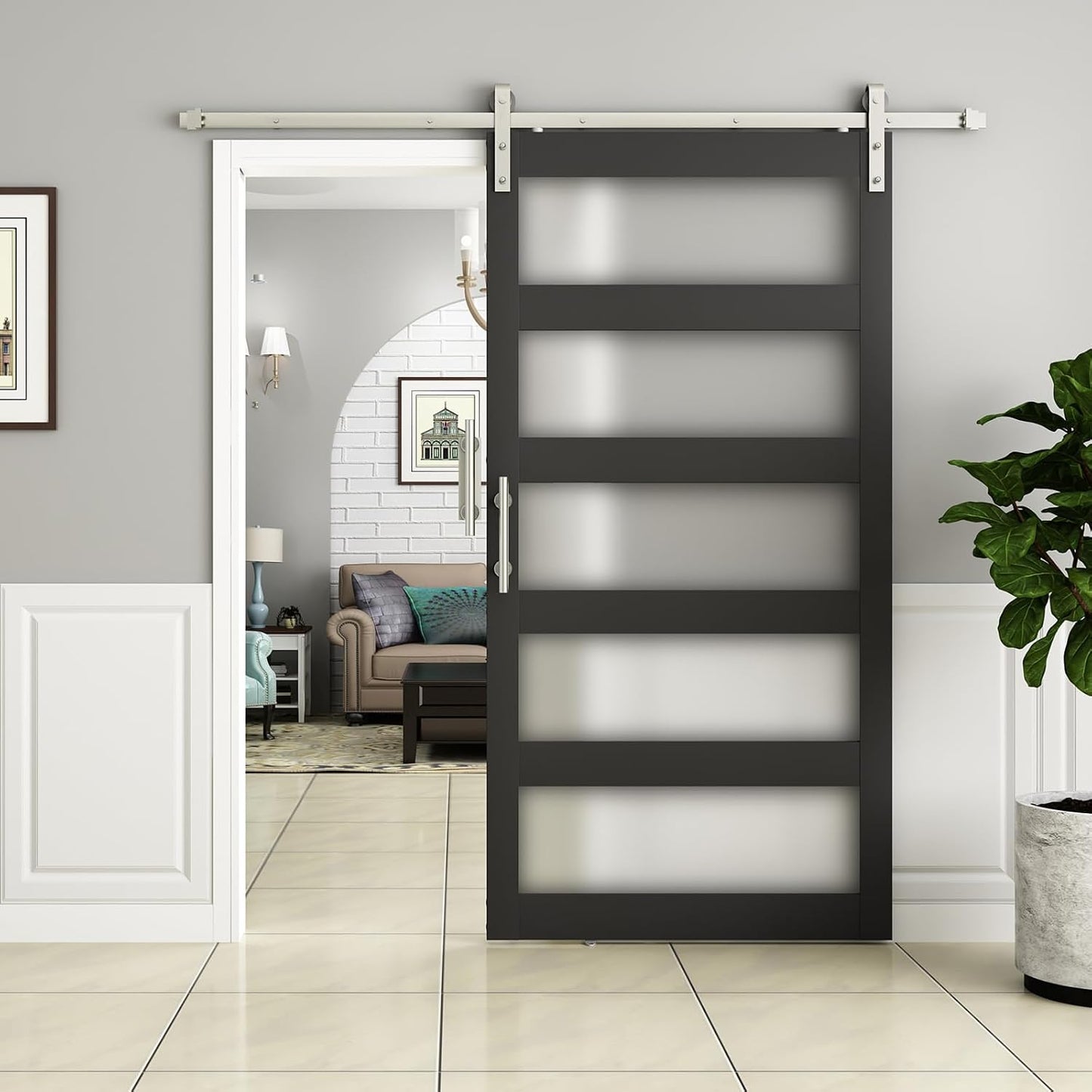 Puerta granero vidrio 48x96pulg níquel 5 paneles madera