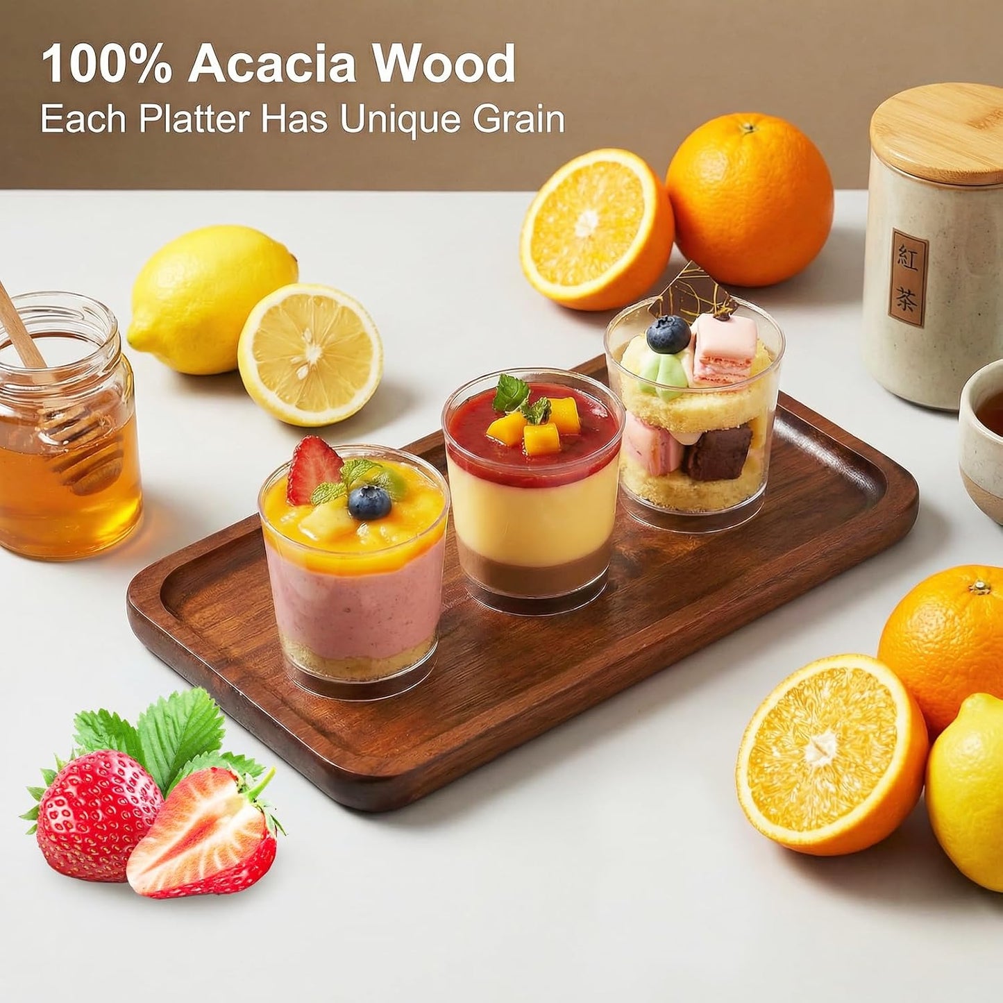 Bandeja rectangular de madera de acacia para servir galletas, aperitivos, queso, té y café