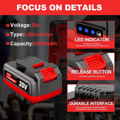 2 Unids Batería Litio 6.0Ah 20V Comp Herramientas Bauer
