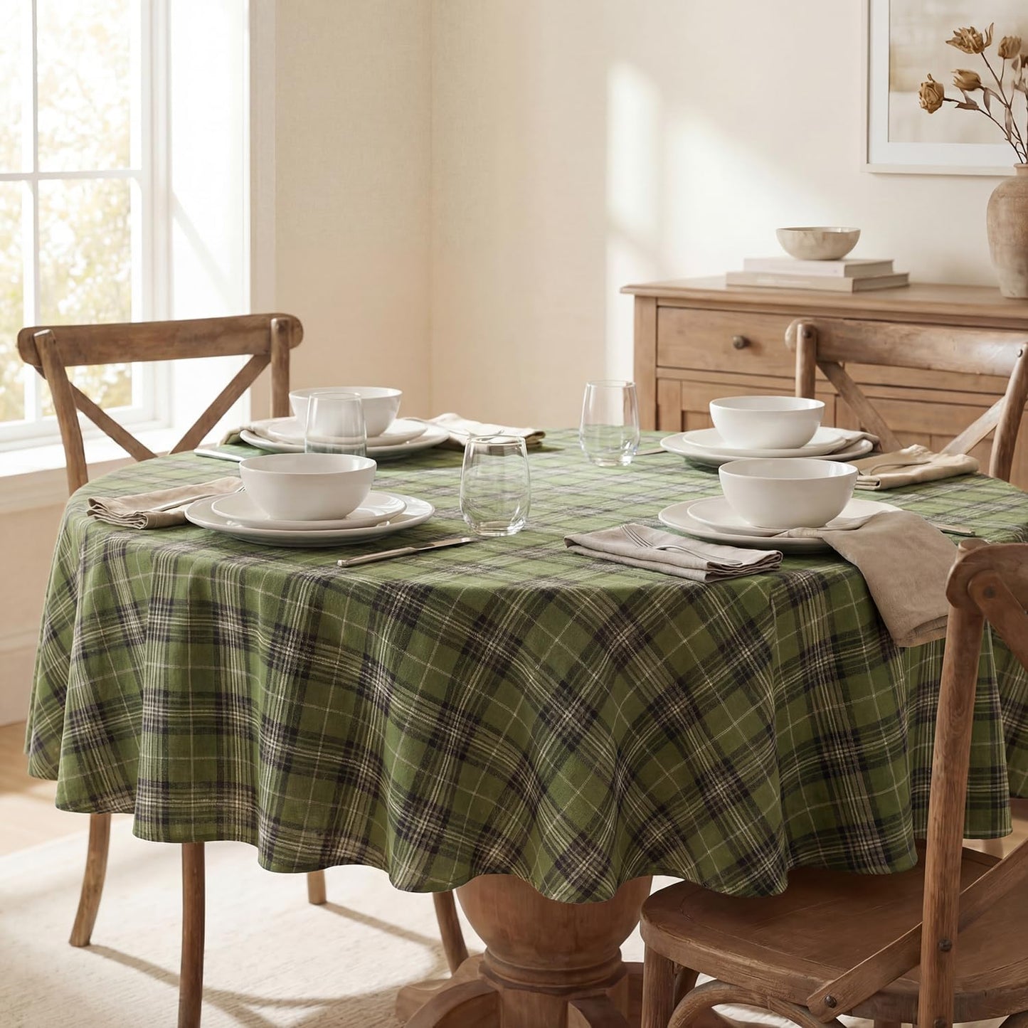 Mantel redondo a cuadros de búfalo 55 x 55 pulgadas decoración de mesa de granja
