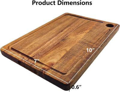 Tabla de cortar de madera de acacia con ranuras y agujero para colgar, 10 x 7 pulgadas