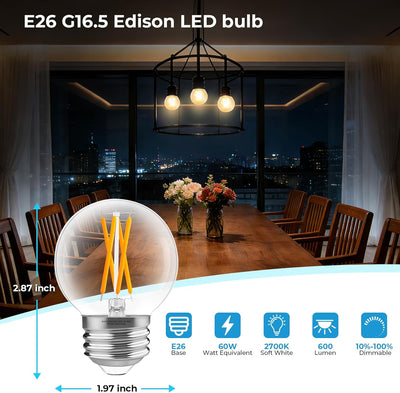Bombilla LED E26 G16.5 Edison regulable 6W blanco cálido 2700K