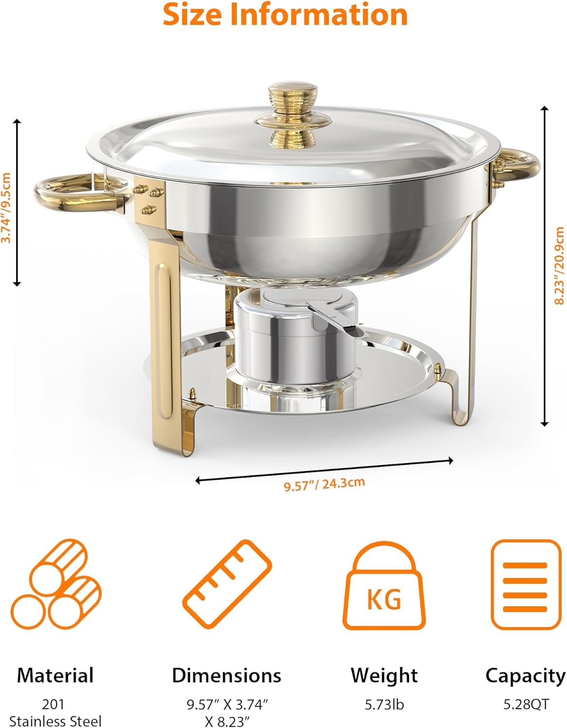 Set 6 Chafer Acero Inox 5qt con Cubiertos y Soporte Oro