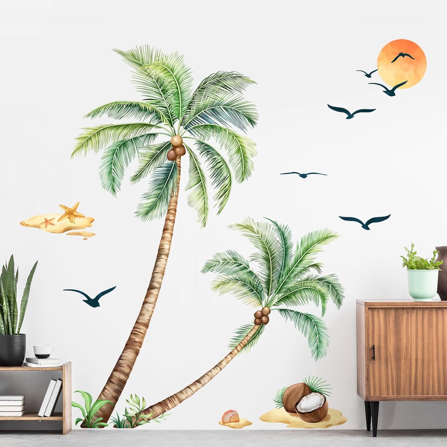 Adhesivo hojas palma verde decoración pared living dormitorio