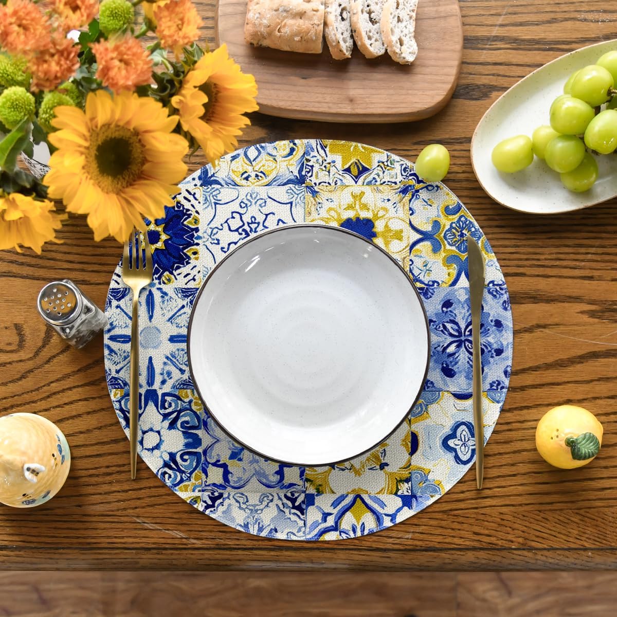 Manteles individuales redondos de porcelana azul limón y blanco 14" para fiestas