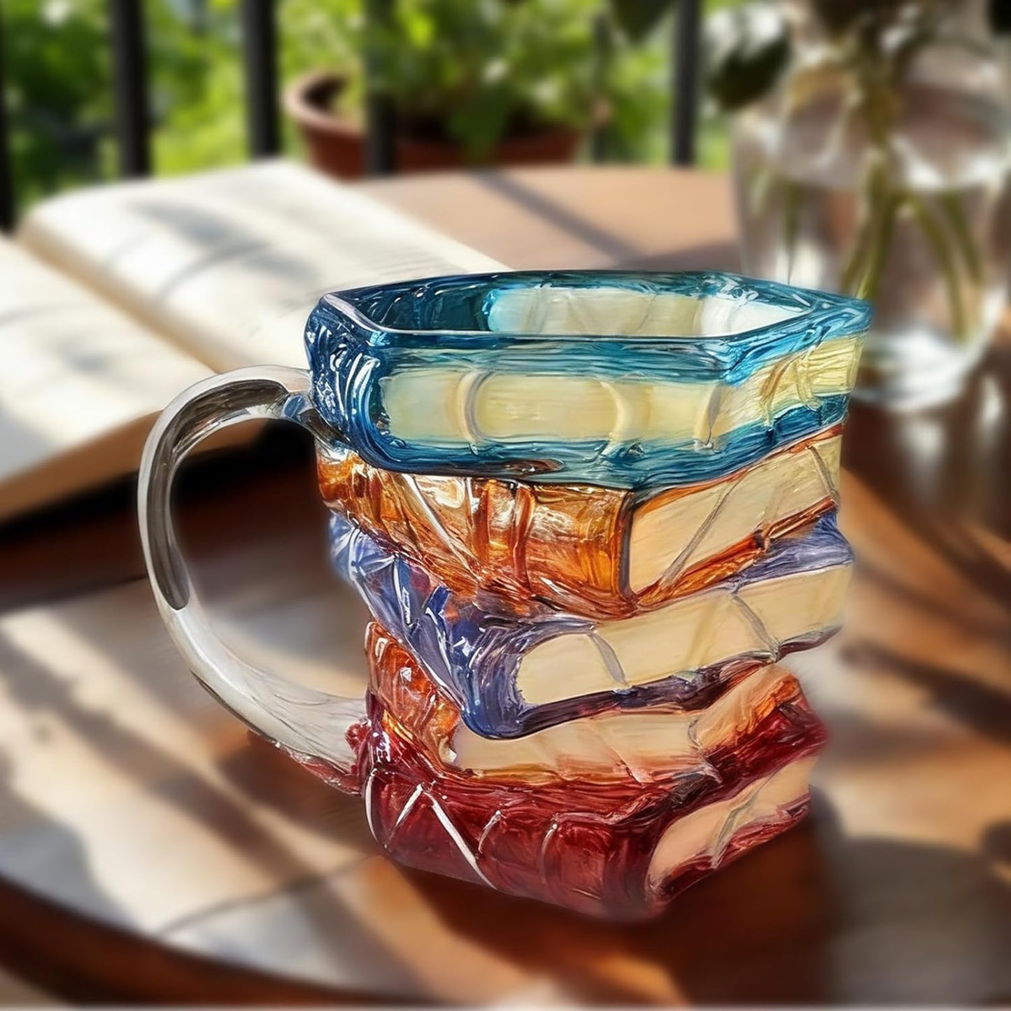 Taza de café pintada en 3D con diseños de libros apilados