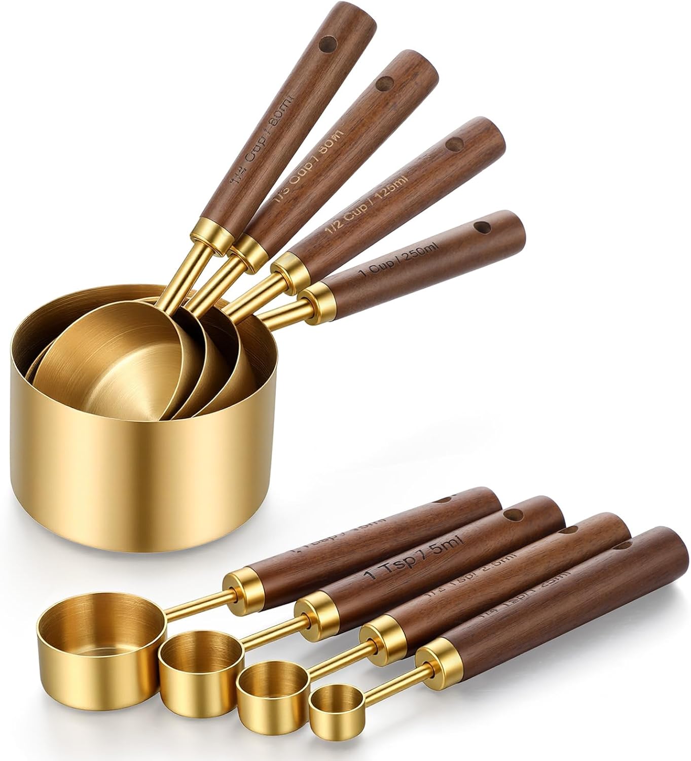 Juego de tazas y cucharas medidoras doradas de acero inoxidable 8 piezas