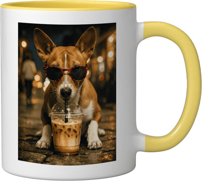 Taza Cerámica Basenji Café Frío Color Amarillo Blanco
