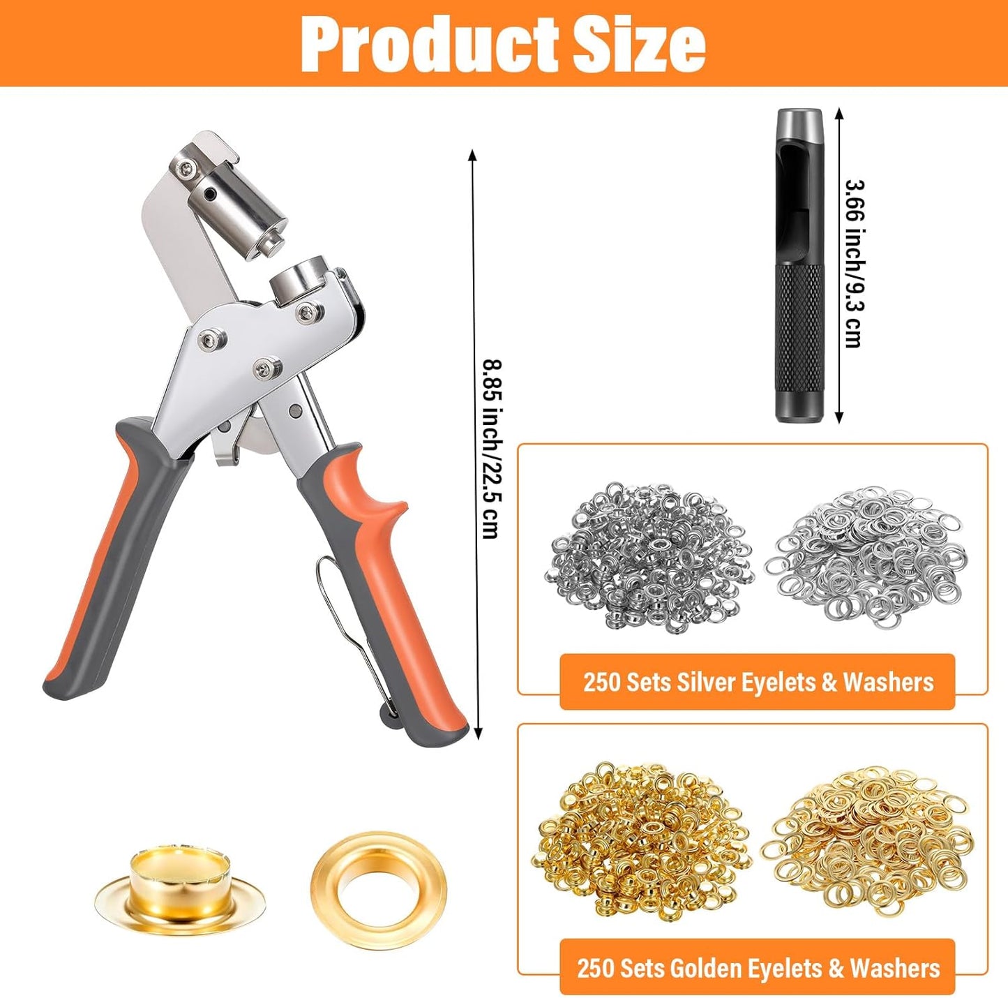 Kit ojales resistentes con alicates 3/8pulg 500 piezas oro y plata