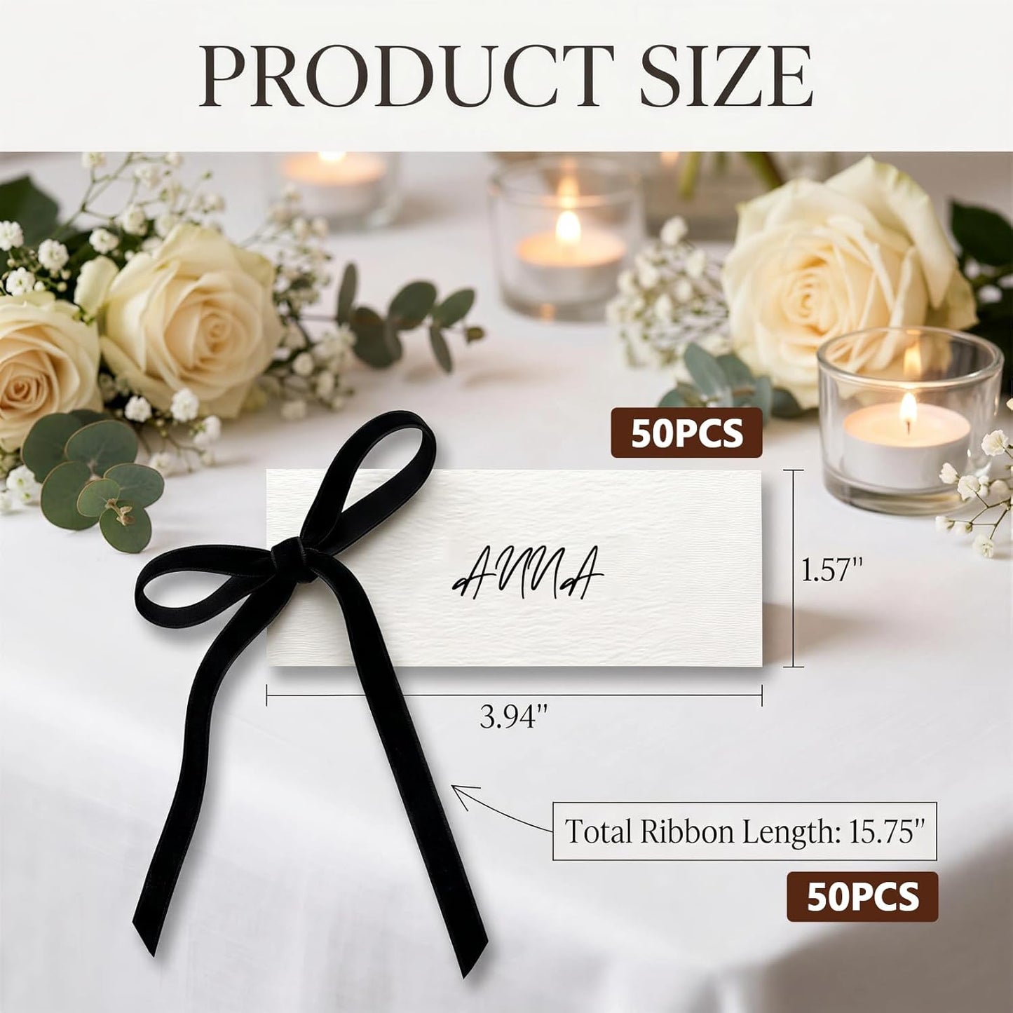 Tarjetas de lugar con cinta de terciopelo negro para bodas y eventos