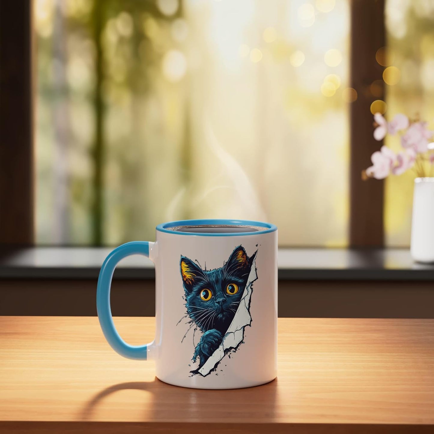 Taza Cerámica Gato Mirando Perro Tornasol Azul/Blanco