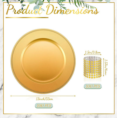 Set 200 platos lisos dorados 13pulg y porta servilletas malla