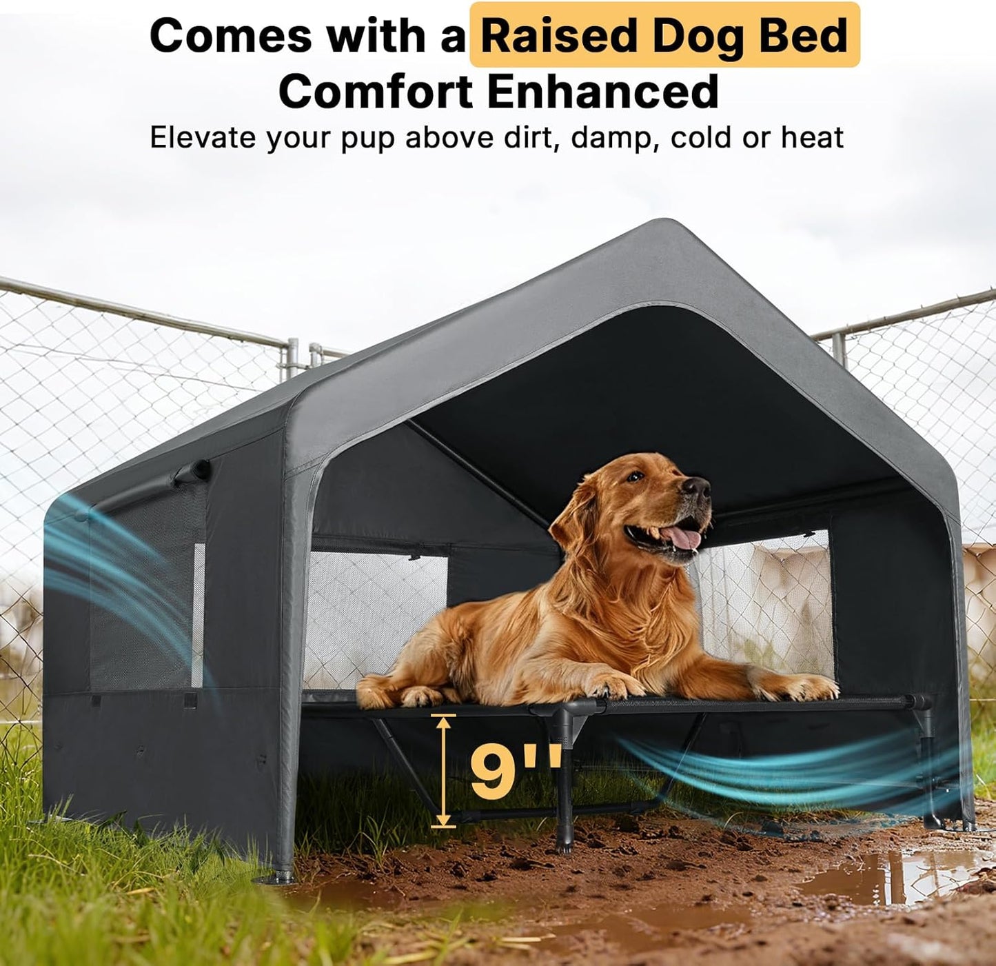 Casa perros al aire libre con cama elevada 4.1x4.1x3.3pulg gris