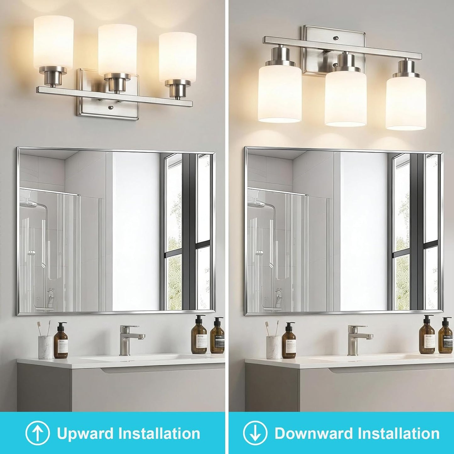 Lámpara baño 3 luces sobre espejo níquel cepillado blanco