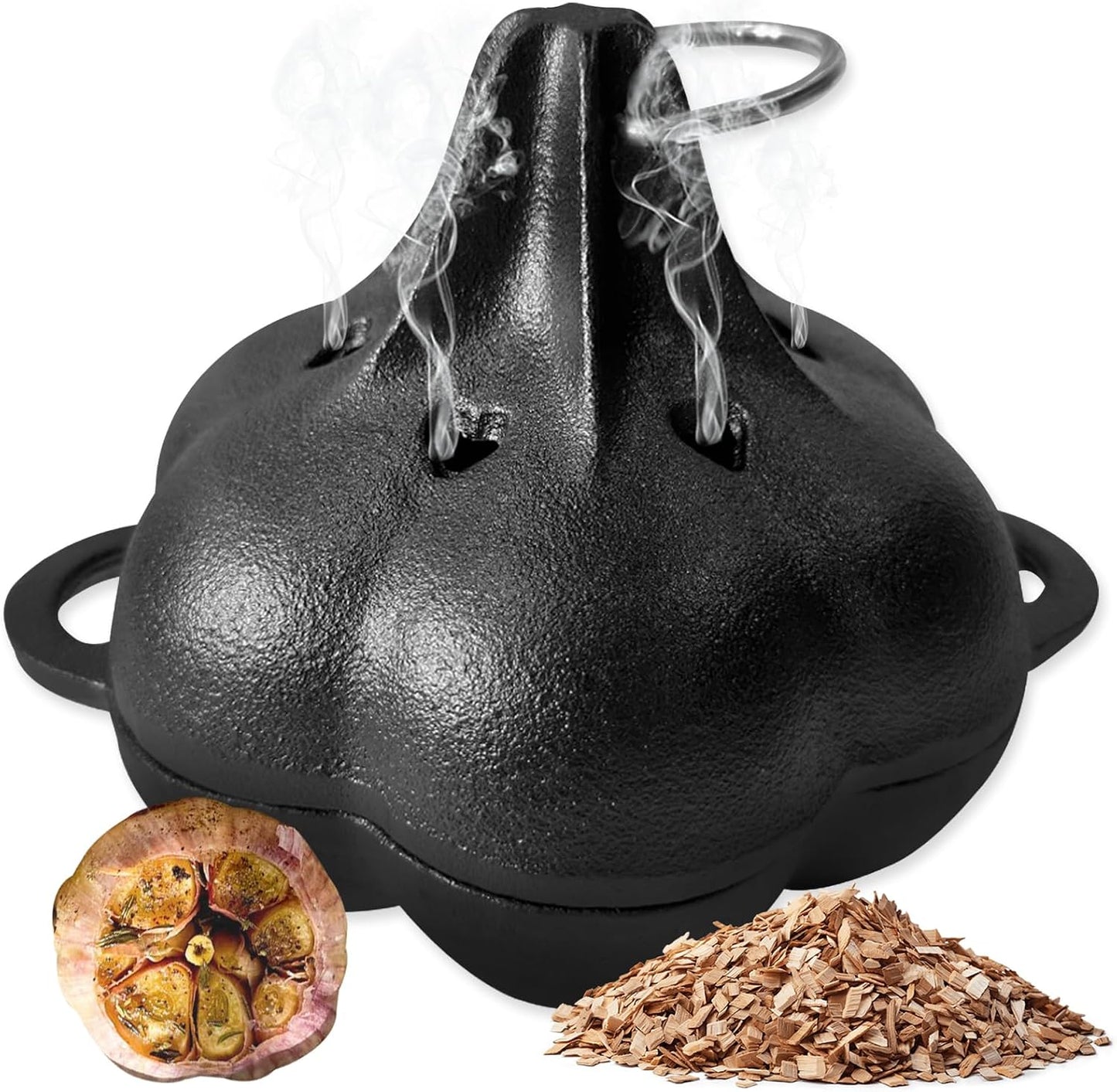 Sartén hierro fundido ahumar asador ajo tapa caja astillas
