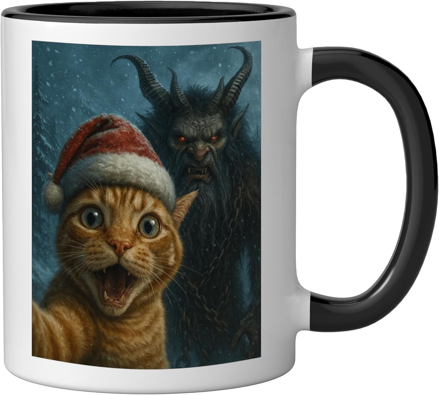Taza cerámica Krampus gato selfie navidad horror meme negro/blanco