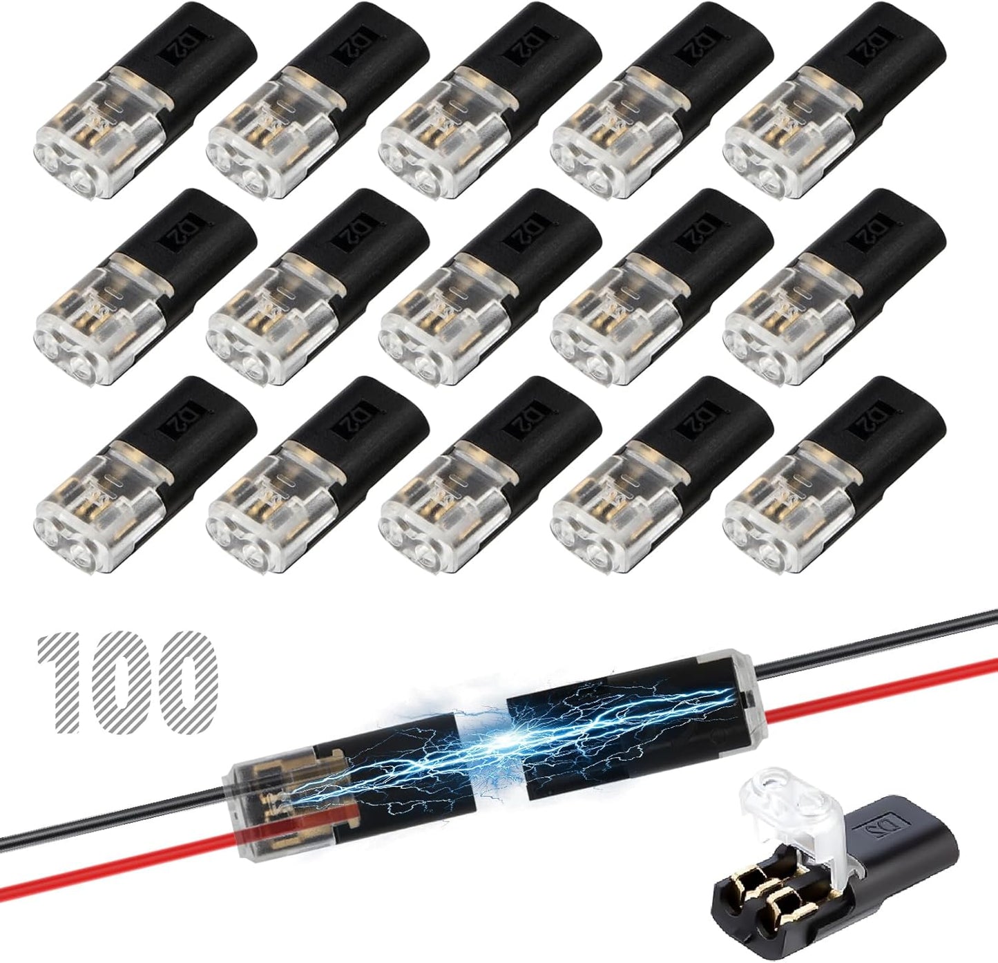 100 Conectores Doble Cable 2 Pines Hebilla Bloqueo Luces LED