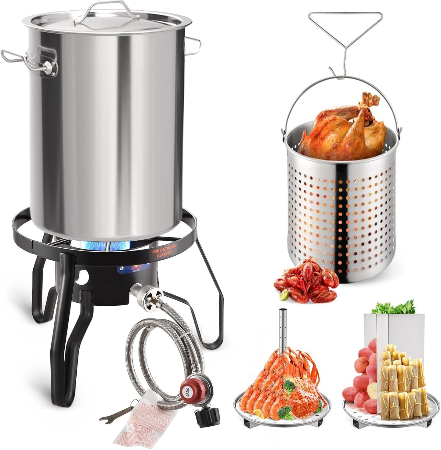 Olla caldo 32qt acero inox para mariscos con cesta