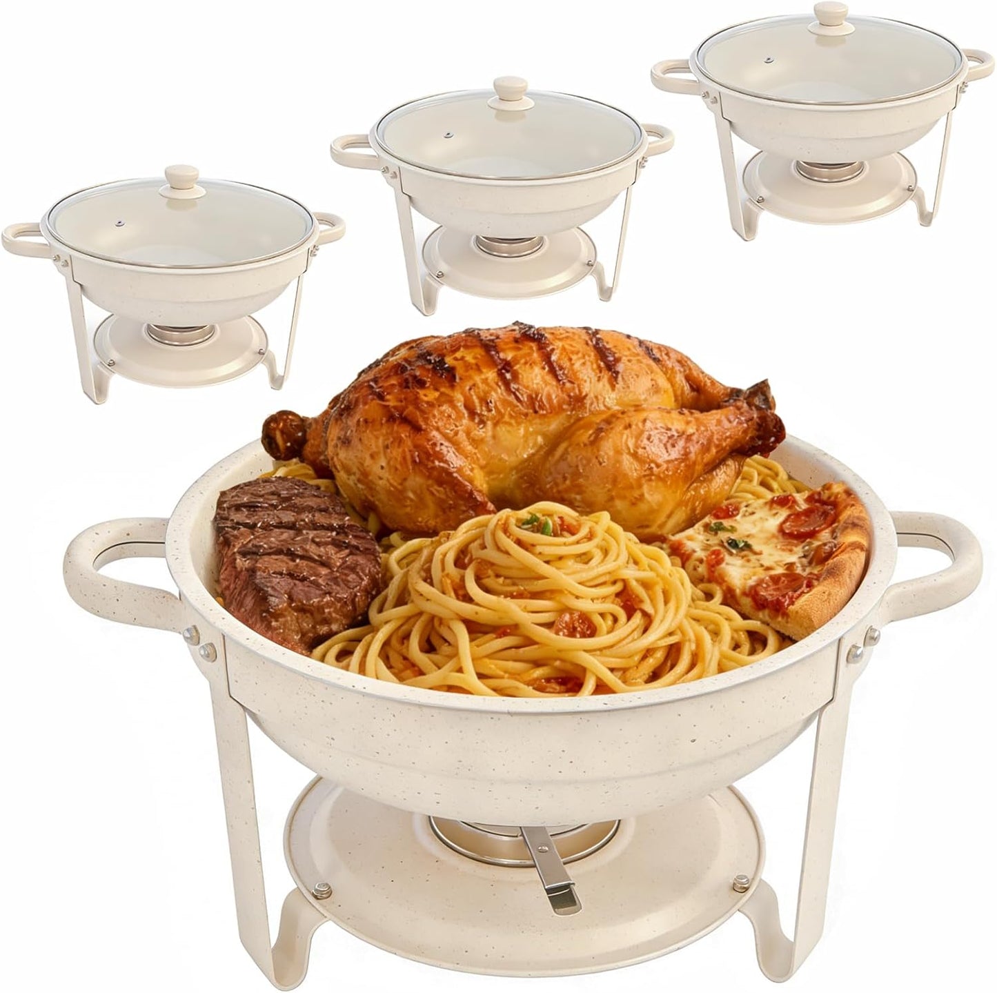 Set 4 platos bufé acero inox 6qt con tapa vidrio