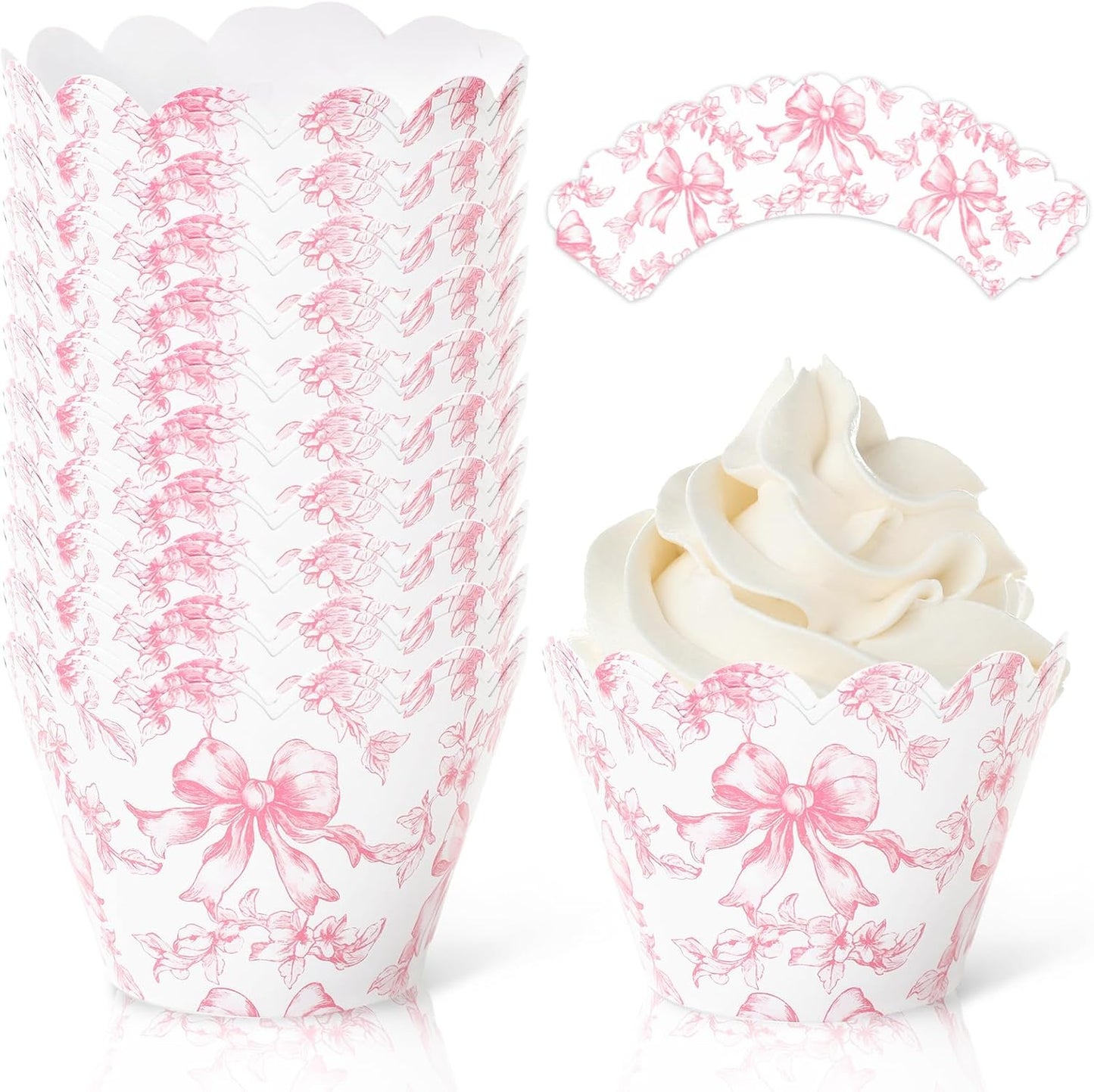 Papel para cupcakes con lazo floral rosa Whaline 48 unidades