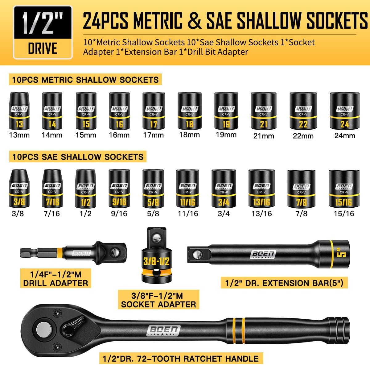 Juego 24 Pzas Llaves Vaso 1/2pulg SAE y Métricas 6 Puntos Estuche