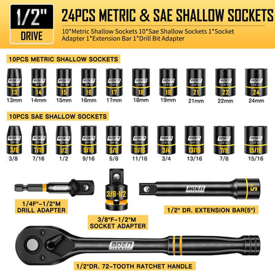 Juego 24 Pzas Llaves Vaso 1/2pulg SAE y Métricas 6 Puntos Estuche
