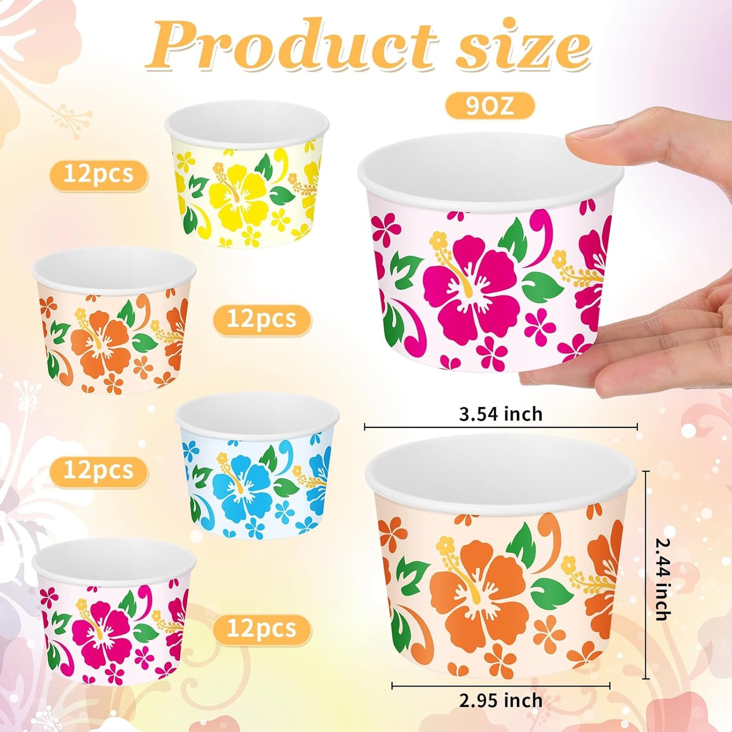 48 cuencos de papel Hawaii de verano 9 oz con patrón floral