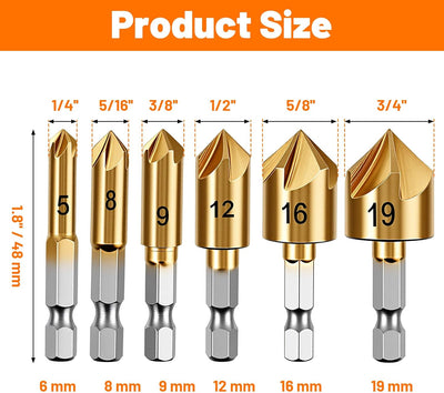 6 Brocas Avellanadoras Acero Carbono 1/4-3/4pulg Vástago Hex