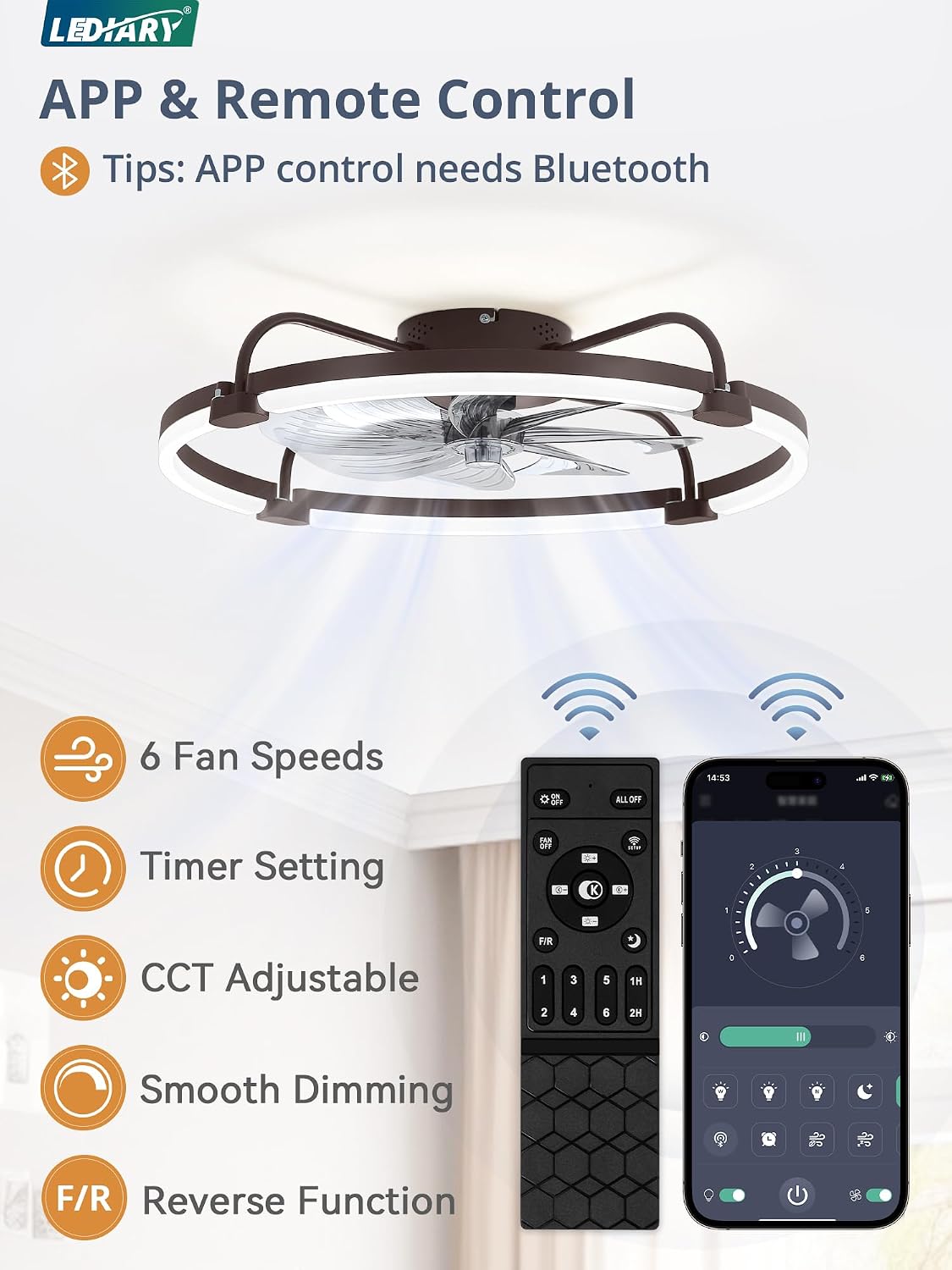 Ventilador techo bajo 24pulg luz LED 6 vel marrón