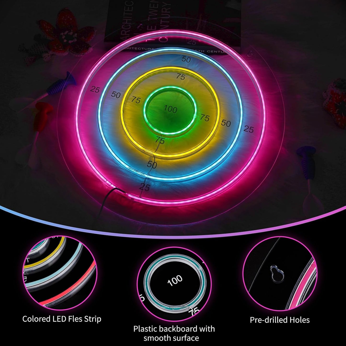 Tablero dardos con dardos ventosa LED neón USB decoración pared