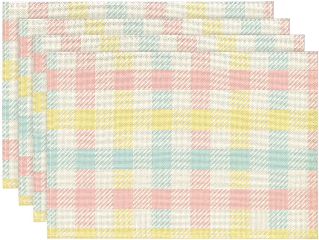 Juego de 4 manteles individuales de Pascua 12 x 18 pulgadas con diseño de cuadros de búfalo azul rosa amarillo