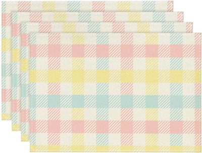 Juego de 4 manteles individuales de Pascua 12 x 18 pulgadas con diseño de cuadros de búfalo azul rosa amarillo