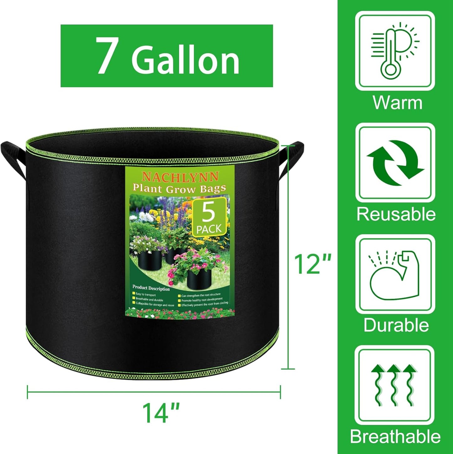 5 Pzas Macetas Tela Aireación Resistente 7gal