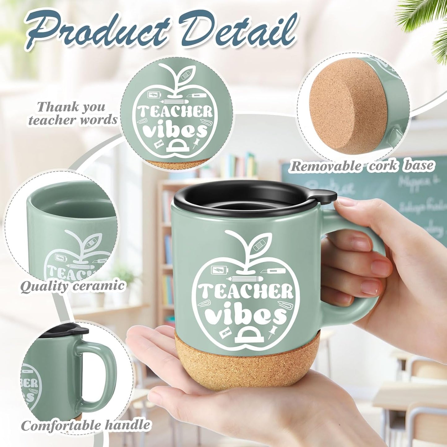 Tazas de café de cerámica Didaey 12 oz con tapa y base de corcho