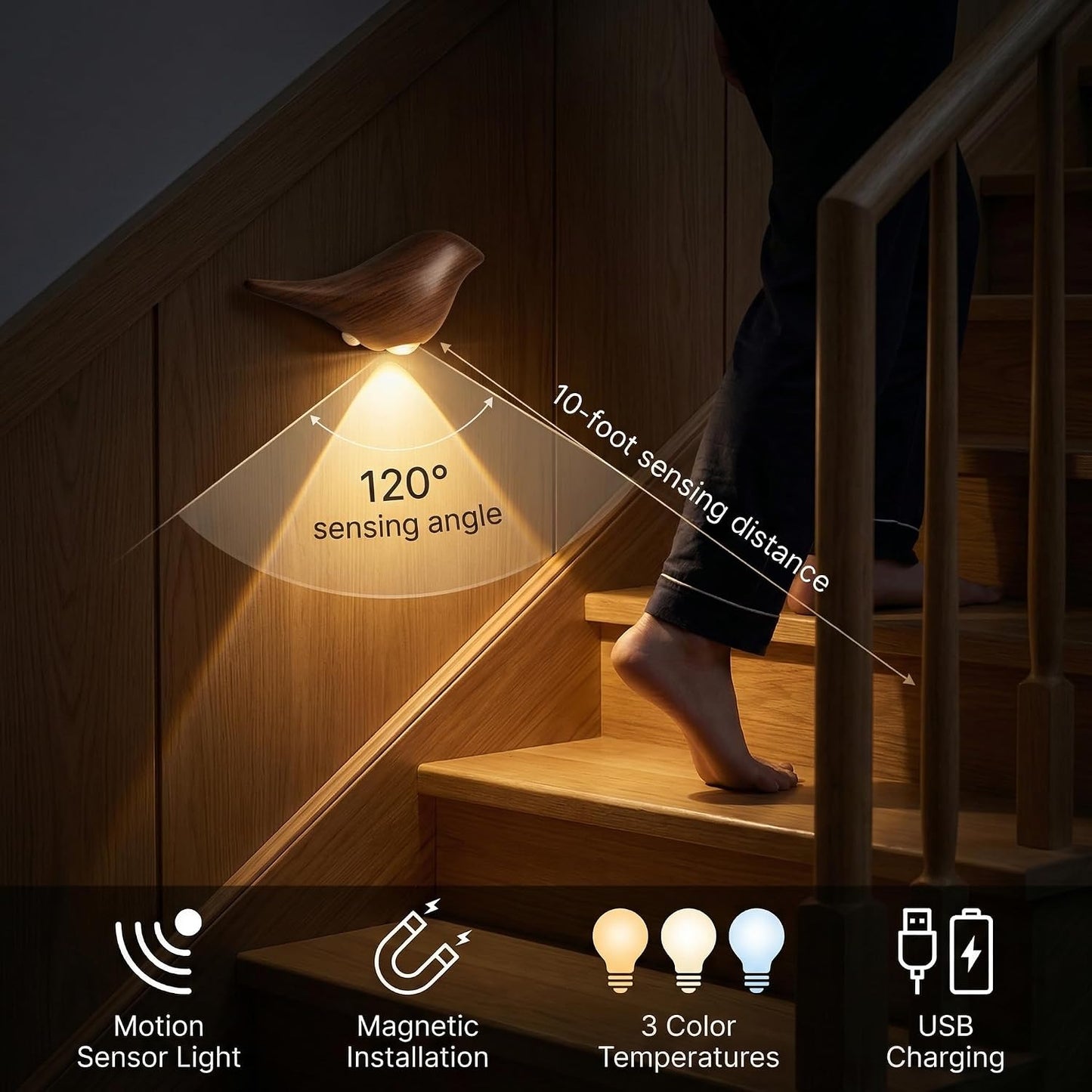 Luz nocturna sensor movimiento nogal LED recargable
